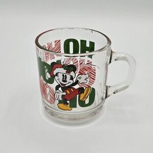 Vtg DISNEY Mickey Mouse Santa‎ Christmas Glass Mug Clear Anchor Hocking Ho Ho Ho